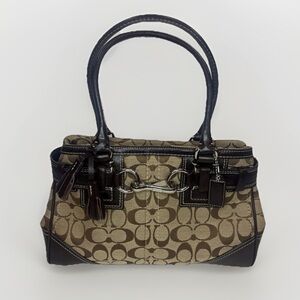 Authentic Coach Signature Hampton Canvas Jacquard Tote Brown Leather